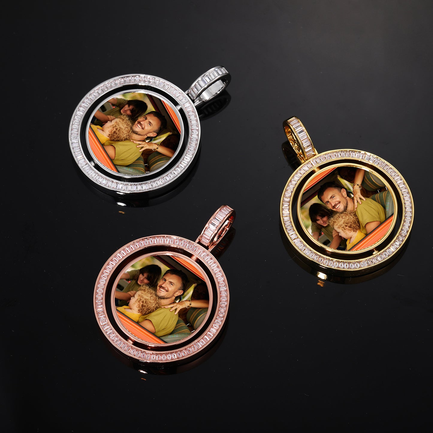 Iced Out Round Photo Pendant Necklace with Cubic Zirconia Rope Chain for Women and Men product image