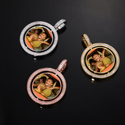 Iced Out Round Photo Pendant Necklace with Cubic Zirconia Rope Chain for Women and Men