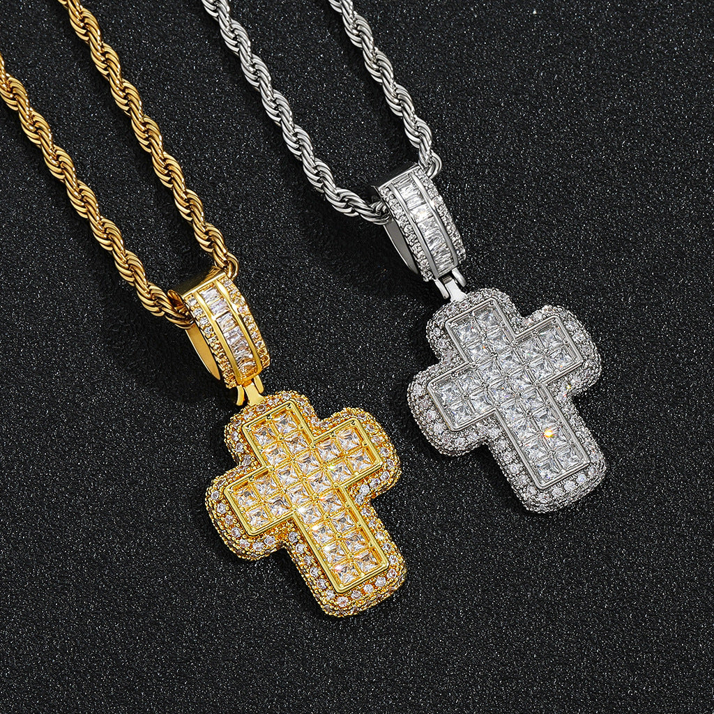 Hip Hop Light Luxury Cross Cubic Zirconia Pendant Necklace for Men and Women