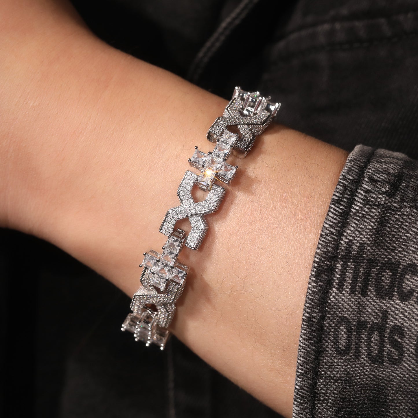 Iced Cross Chain Bracelet for Women & Men - Silver Plated Hip Hop Statement Bracelet