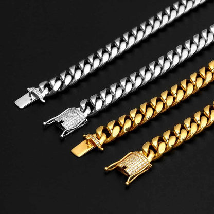 12 mm Polished Cuban with Stone-Accent Clasp Hip Hop Necklace with Stainless steel Base - CHA008