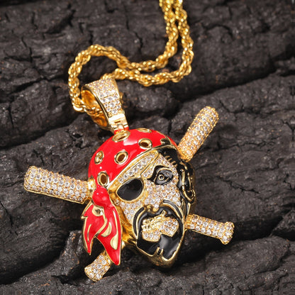 Iced Skull Pirate Pendant Necklace for Women & Men – Gold Plated Copper Chain Necklace with Cubic Zirconia Statement Charm