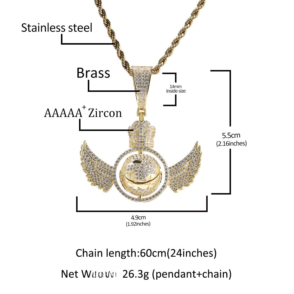Iced Wing Globe Pendant Necklace with Cubic Zirconia Twisted Chain for Women and Men