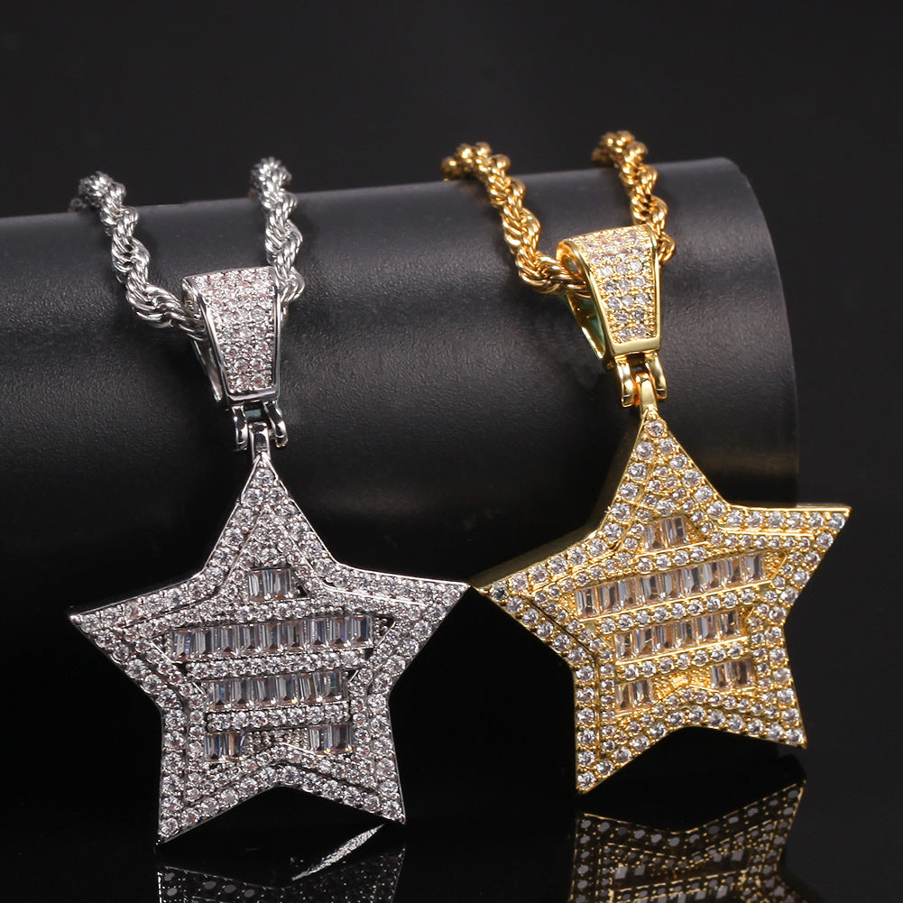 Iced Out Star Pendant Necklace for Women & Men - Cubic Zirconia Hip Hop Chain in Gold or Silver, Twist or Cuban Link