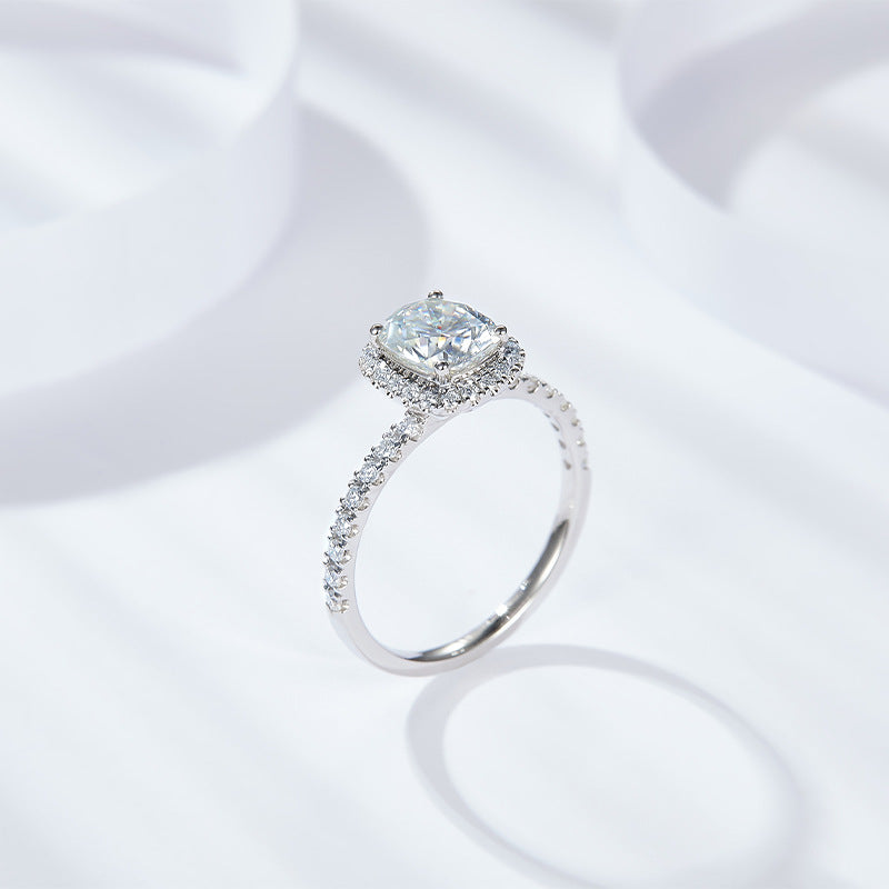 Cushion Cut Moissanite Halo Ring for Women, Pav�� Band Engagement Ring product image