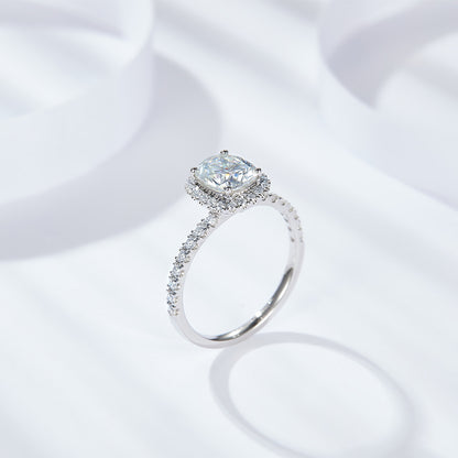Cushion Cut Moissanite Halo Ring for Women, Pav�� Band Engagement Ring