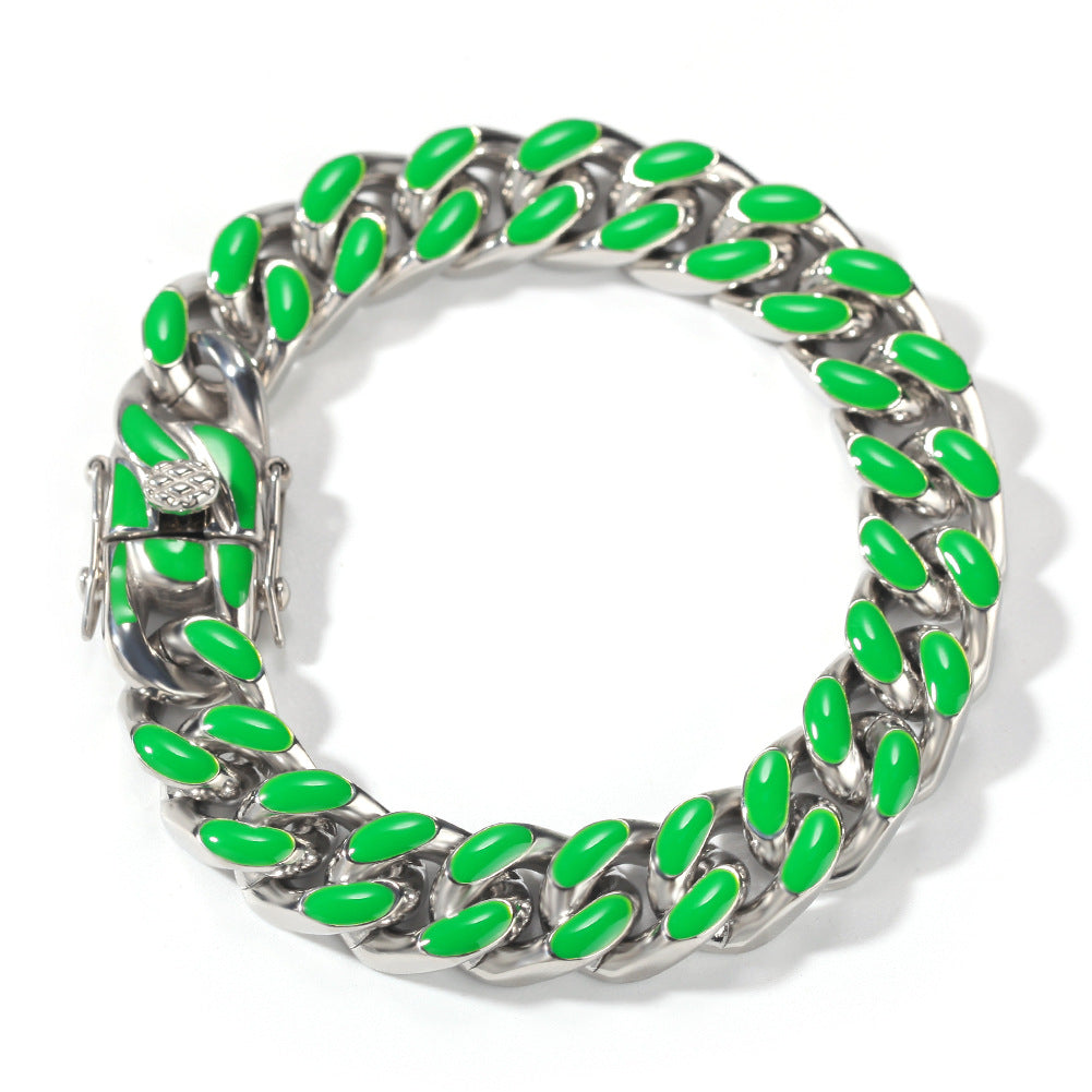 Unisex Stainless Steel Enamel Chain Bracelet - Hip Hop Statement Link Bangle in Gold or Silver Finish, 7 Inch & 8 Inch product image