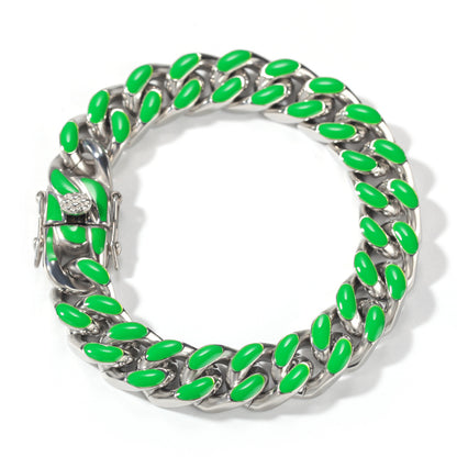 Unisex Stainless Steel Enamel Chain Bracelet - Hip Hop Statement Link Bangle in Gold or Silver Finish, 7 Inch & 8 Inch