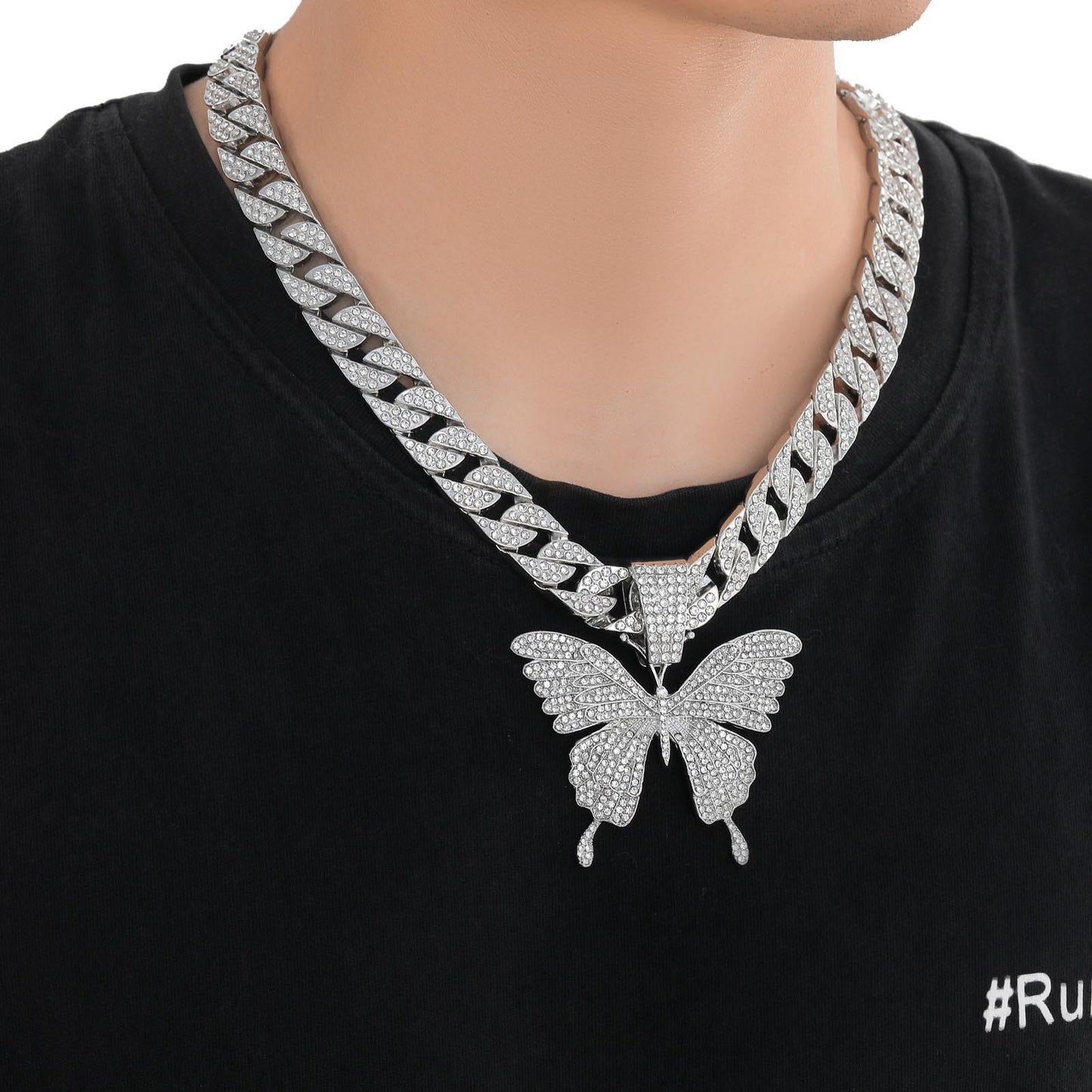 Hip Hop Punk Butterfly Cuban Link Alloy Pendant Necklace for Men and Women