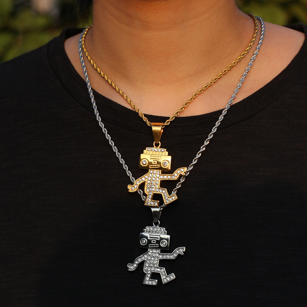 Gold Plated Dancing Robot Pendant Necklace with Cuban or Twist Chain - Trendy Stainless Steel Statement Jewelry