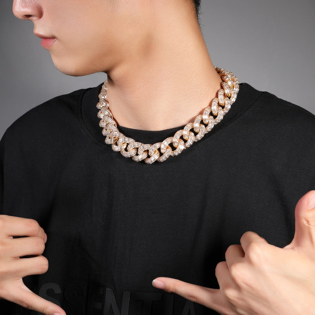Iced Out Cuban Link Chain Necklace Bracelet Set for Women & Men, Gold Plated or Silver Plated Circular Line Design with Cubic Zirconia Statement Jewelry
