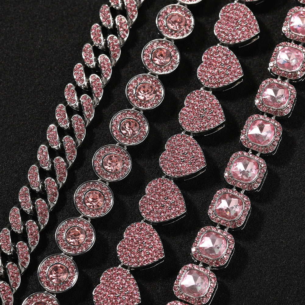 Pink Crystal Hip Hop Bracelet for Women and Men - Silver Plated Alloy Chain Bracelet in Cuban Link, Round, Heart, and Square Styles