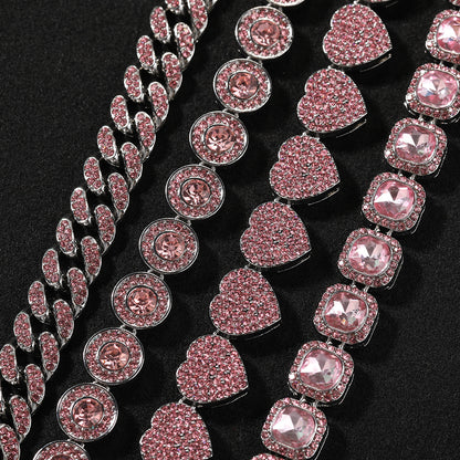 Pink Crystal Hip Hop Bracelet for Women and Men - Silver Plated Alloy Chain Bracelet in Cuban Link, Round, Heart, and Square Styles