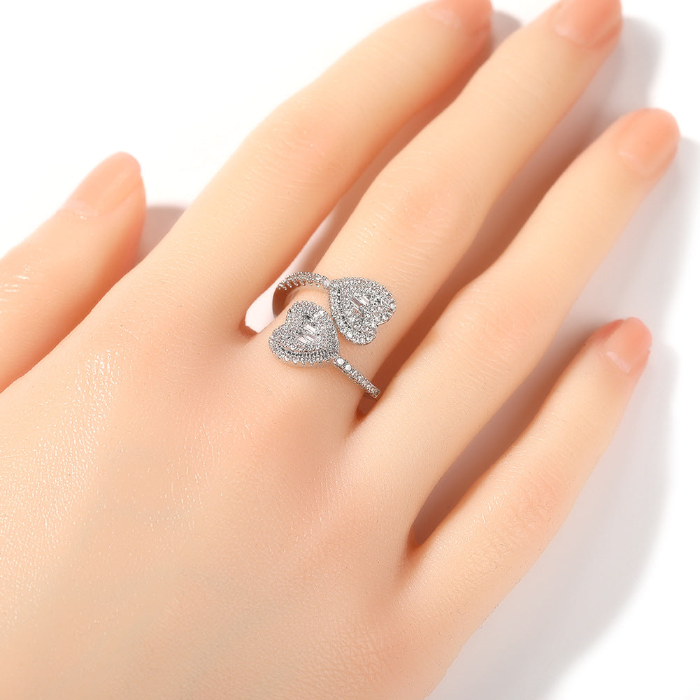 Unisex Double Heart Open Ring with Cubic Zirconia in Gold, Silver & Rose Gold product image