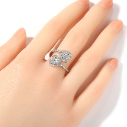 Unisex Double Heart Open Ring with Cubic Zirconia in Gold, Silver & Rose Gold