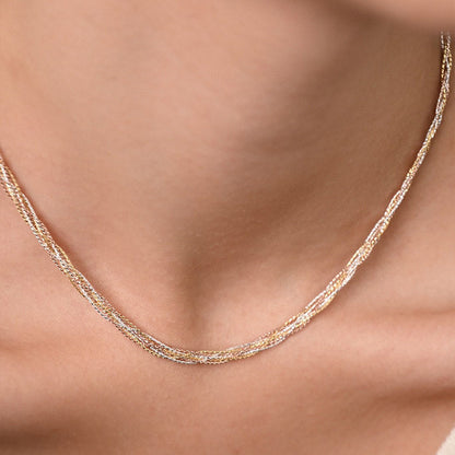 Three-Tone Braided Chain Bracelet, 925 Silver with 18K Gold Accents