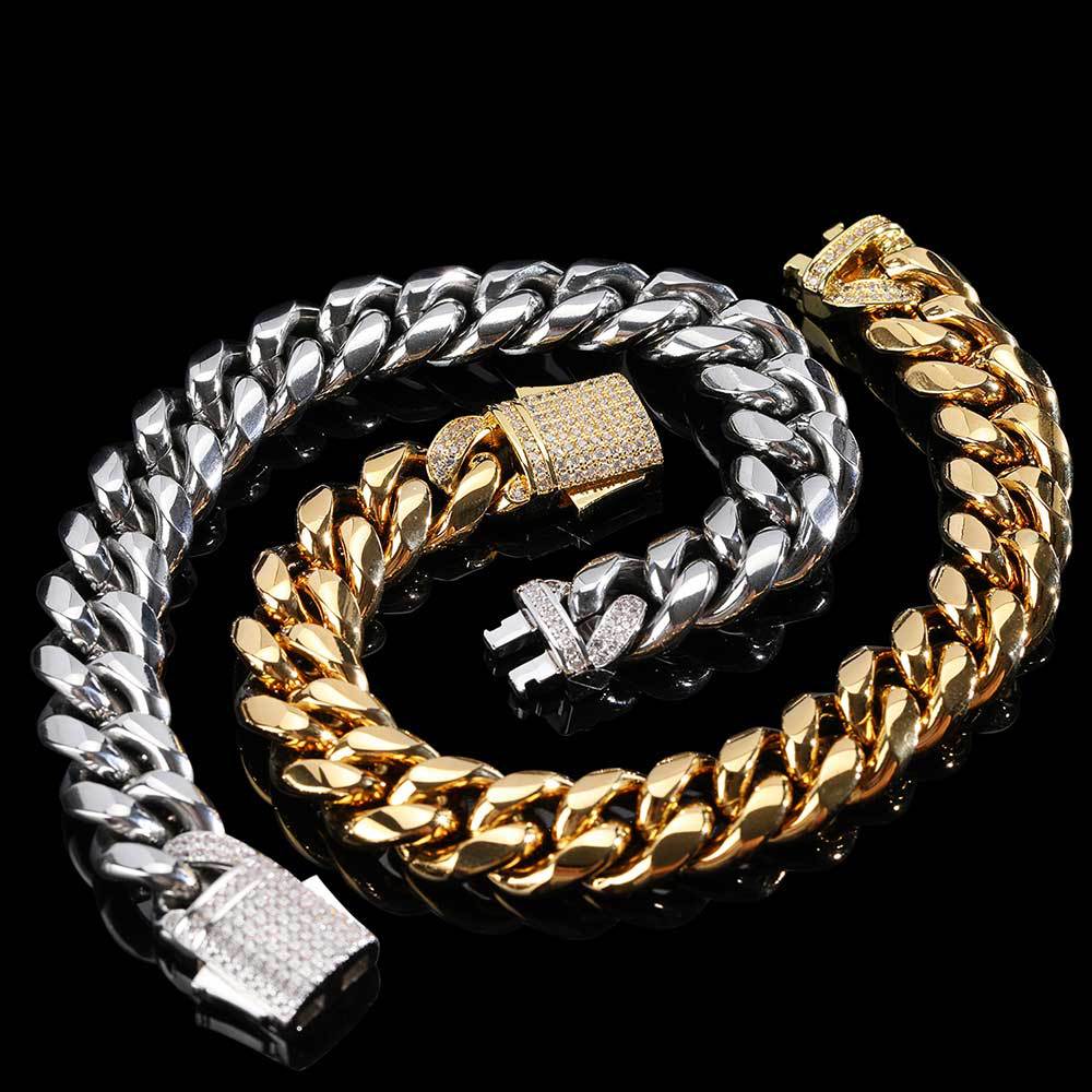 10-12 mm Polished Cuban with Stone-Accent Clasp Hip Hop Bracelet with Stainless steel Base - CHA024 product image