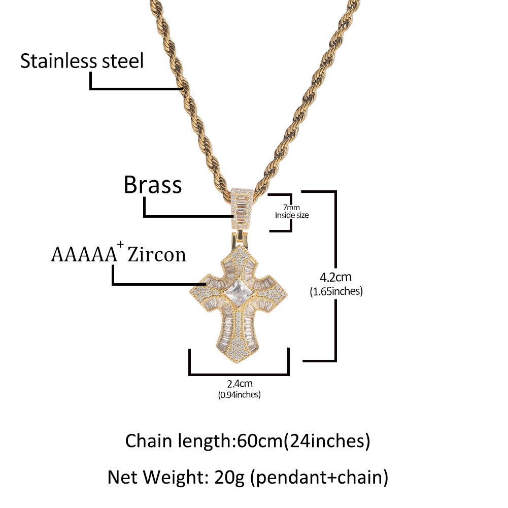 Iced Cross Pendant Necklace for Women with Cubic Zirconia, Twisted Chain 24 Inch, Gold Plated Copper Statement Jewelry