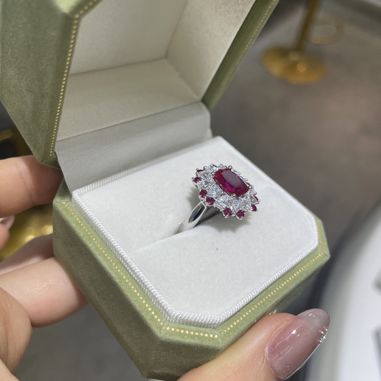 S925 Sterling Silver Red Cushion-Cut Halo Cocktail Ring for Women product image