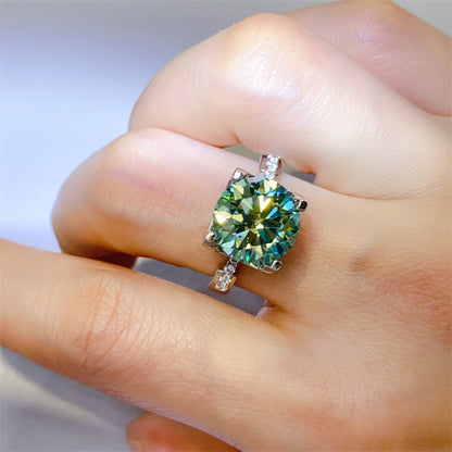 Green Moissanite Solitaire Ring with Side Accents for Women, Round Cut Geometric Statement Ring