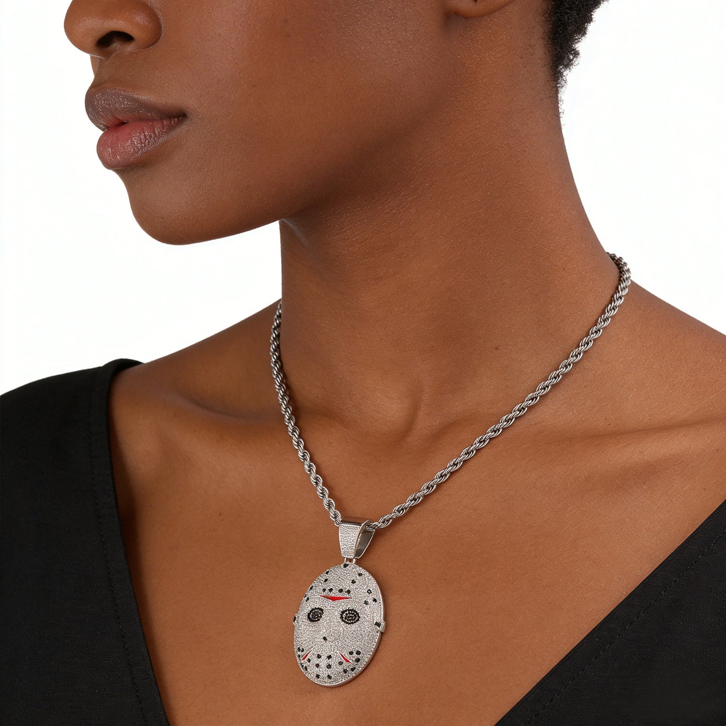 Silver Plated Mask Pendant Necklace with Cubic Zirconia, 24 Inch Twist Chain Statement Jewelry