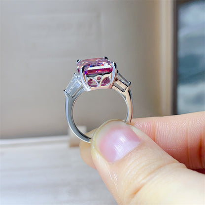 Pink Moissanite Ring for Women, Geometric Rectangle Engagement Ring with Side Stones