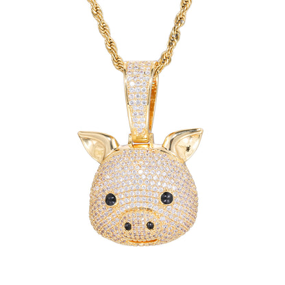 Iced Out Pig Pendant Necklace for Women and Men, Micro Pave Cubic Zirconia Hip Hop Chain