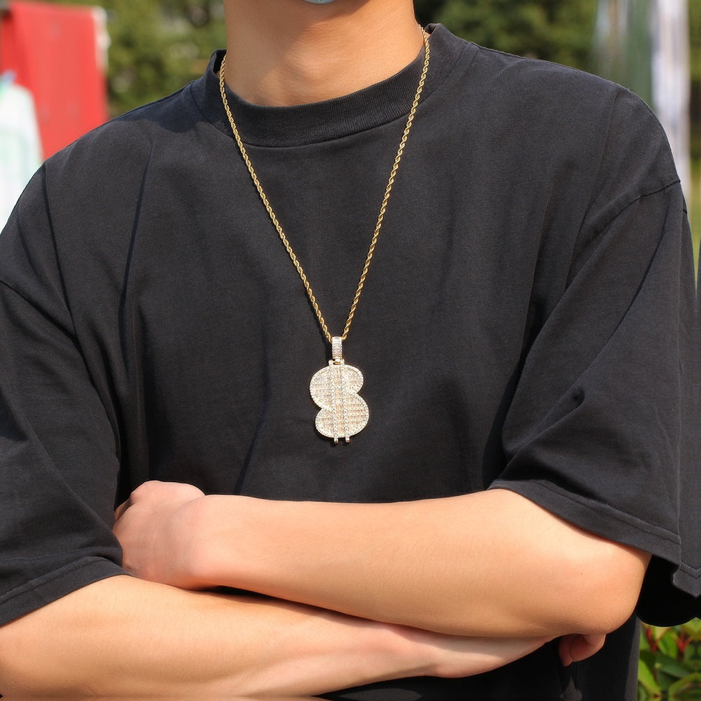 Iced Coin Money Pendant Necklace with Cubic Zirconia Twisted Chain for Men & Women