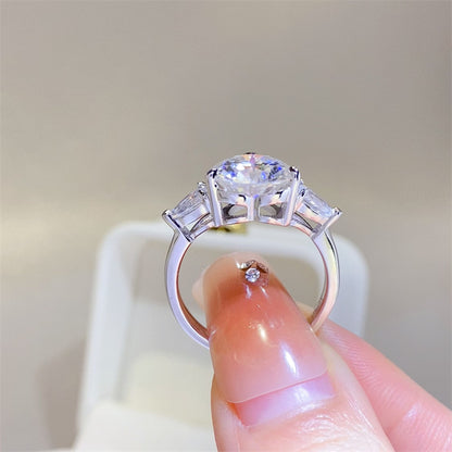 3 Carat Moissanite Ring for Women, Three-Stone Engagement Ring with Round Center and Pear Side Stones