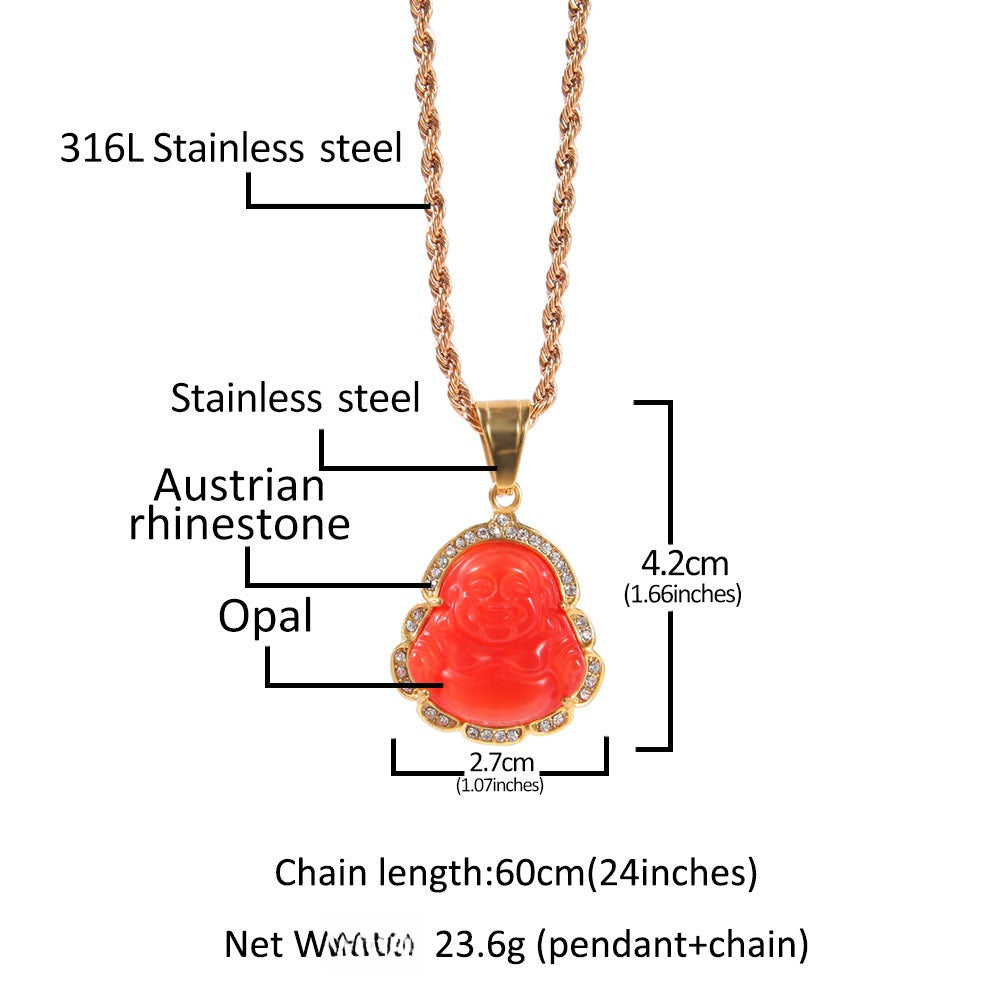 Luxury Gold Plated Stainless Steel Buddha Pendant Necklace with Crystal Accent Chain for Women