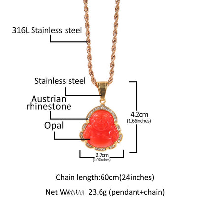 Luxury Gold Plated Stainless Steel Buddha Pendant Necklace with Crystal Accent Chain for Women