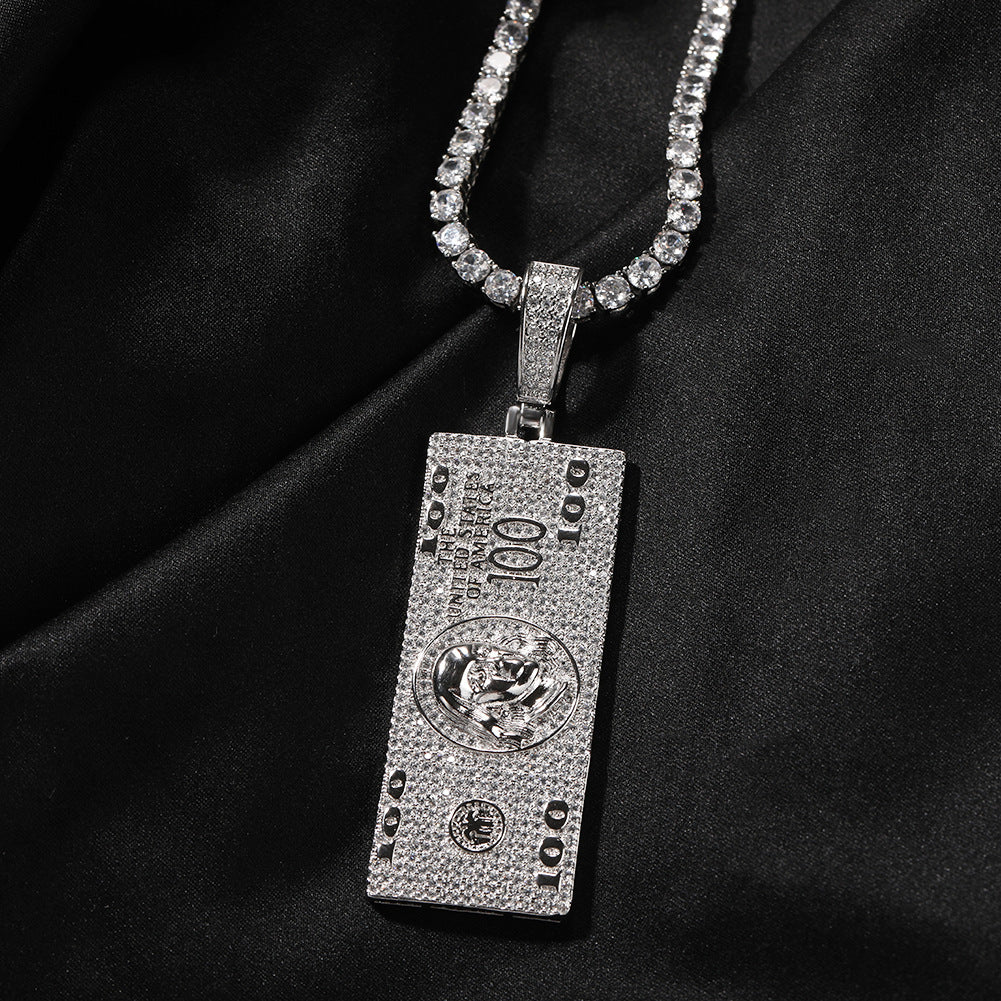 Men’s Iced Money Bar Pendant Necklace with Zircon Stones, 24 Inch 3mm Rope Chain, Gold or Silver Tone