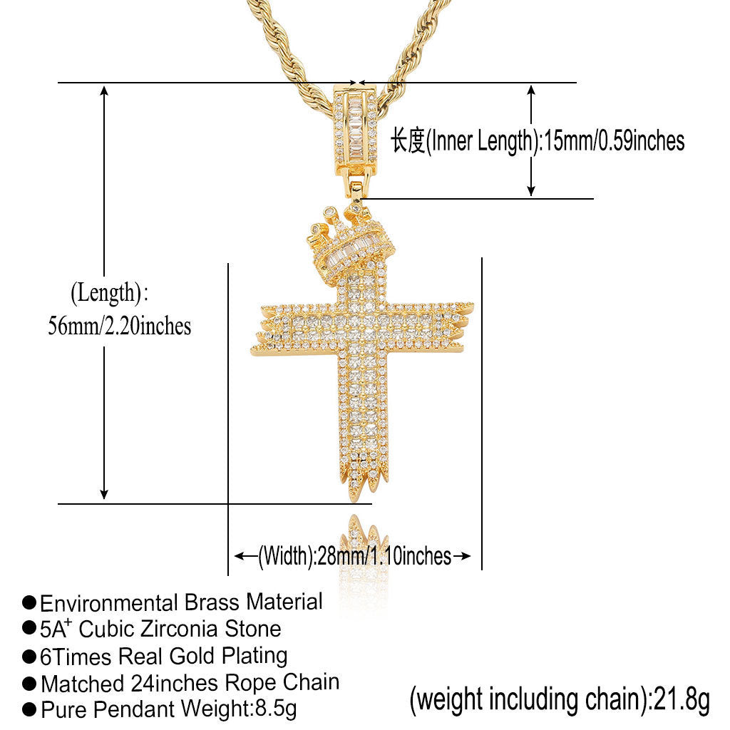 Hip Hop Vintage Cross Crown Copper Pendant Necklace for Men and Women