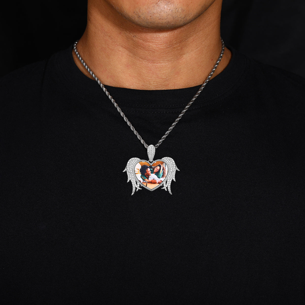 Custom Photo Heart Wing Pendant Necklace in Silver Tone with Rope Chain product image