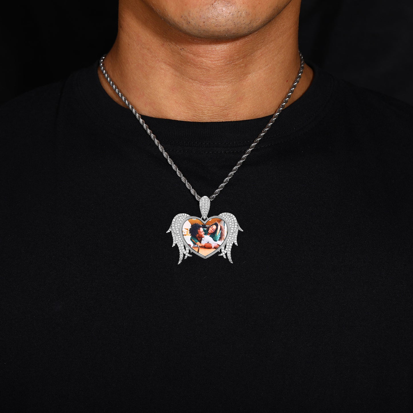 Custom Photo Heart Wing Pendant Necklace in Silver Tone with Rope Chain product image