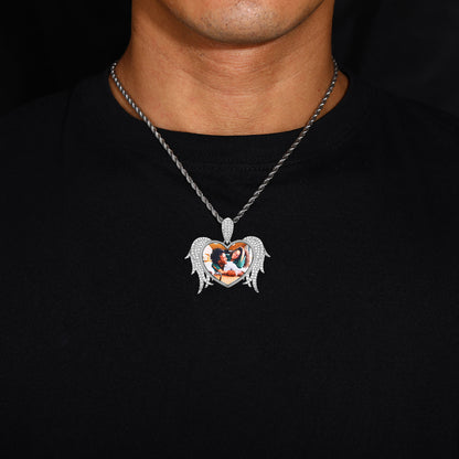 Custom Photo Heart Wing Pendant Necklace in Silver Tone with Rope Chain