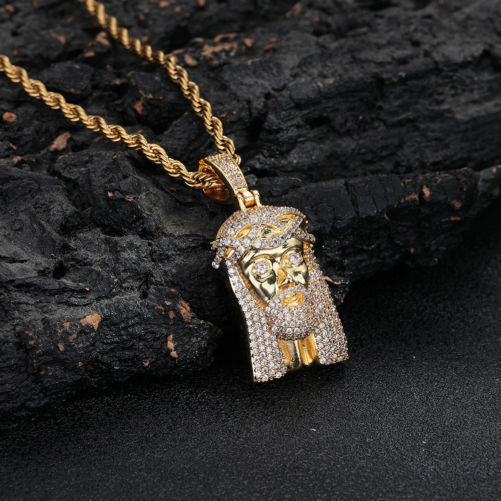 Jesus Face Pendant Rope Chain Necklace for Men, Iced Out Hip Hop Jewelry