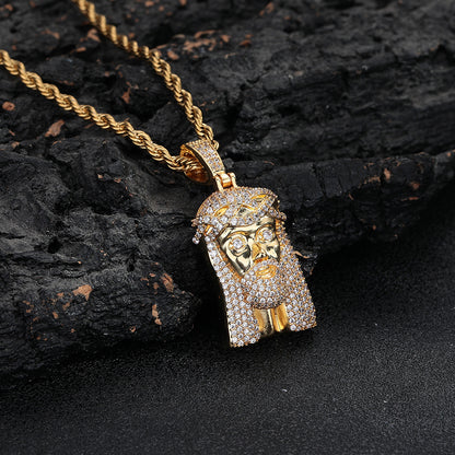 Jesus Face Pendant Rope Chain Necklace for Men, Iced Out Hip Hop Jewelry