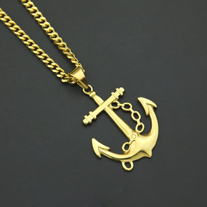 Gold Plated Stainless Steel Anchor Pendant Necklace with 5mm Cuban Chain for Women & Men