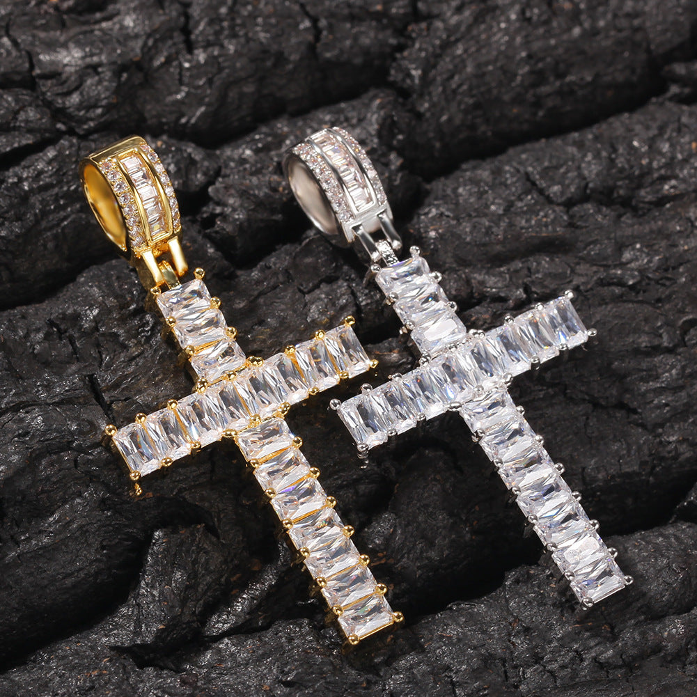 Iced Out Cross Pendant Necklace with Rectangular Cubic Zirconia, Gold or Silver Tone, 24 Inch Stainless Steel Rope or Cuban Chain product image