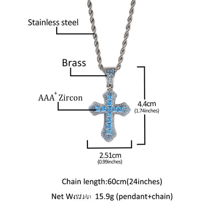 Unisex Cross Pendant Necklace with Zircon Stone, Stainless Steel Twist Chain 24 Inch, Hip Hop Punk Statement Jewelry