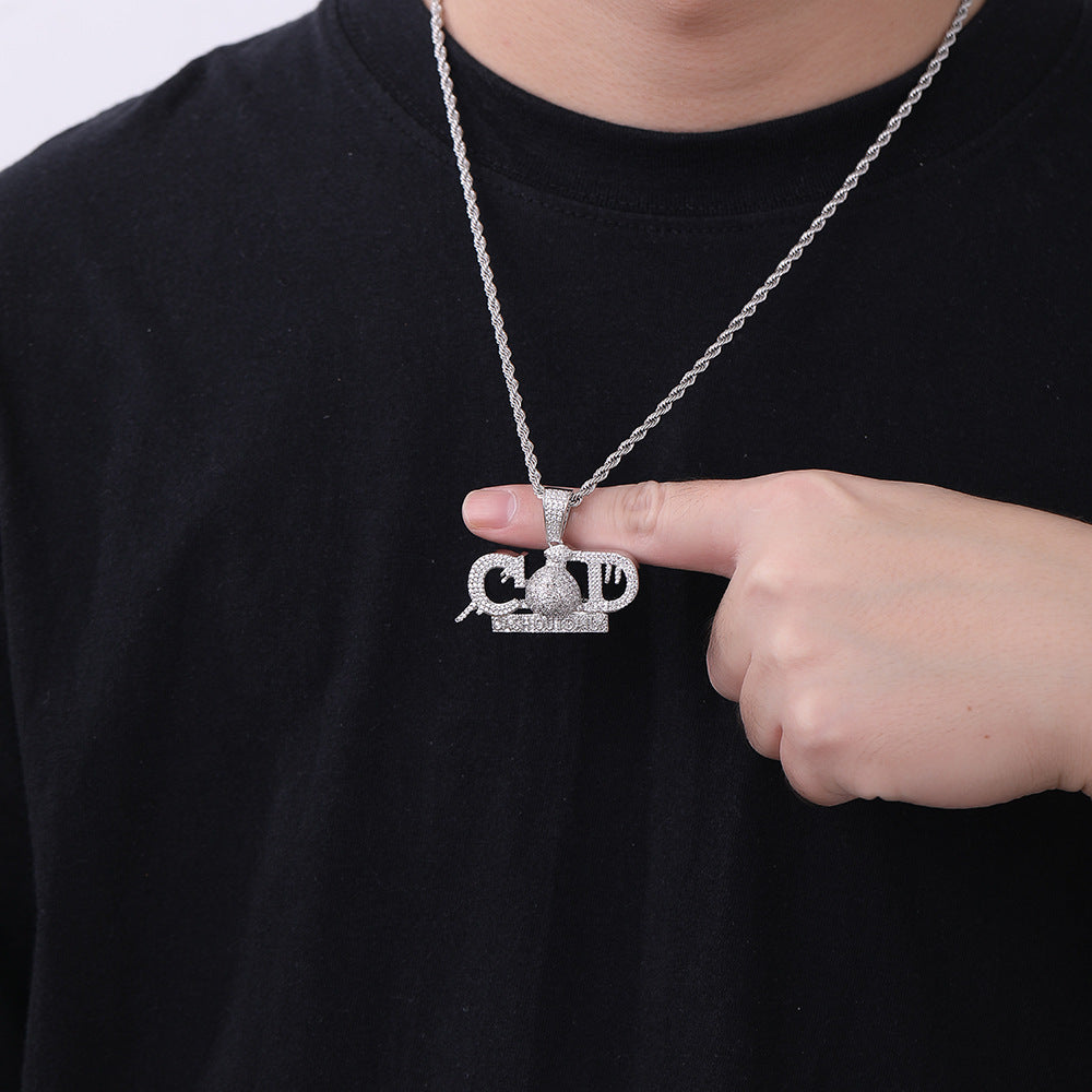 Men's Hip Hop Letter Pendant Rope Chain Necklace, CZ Copper Streetwear Jewelry