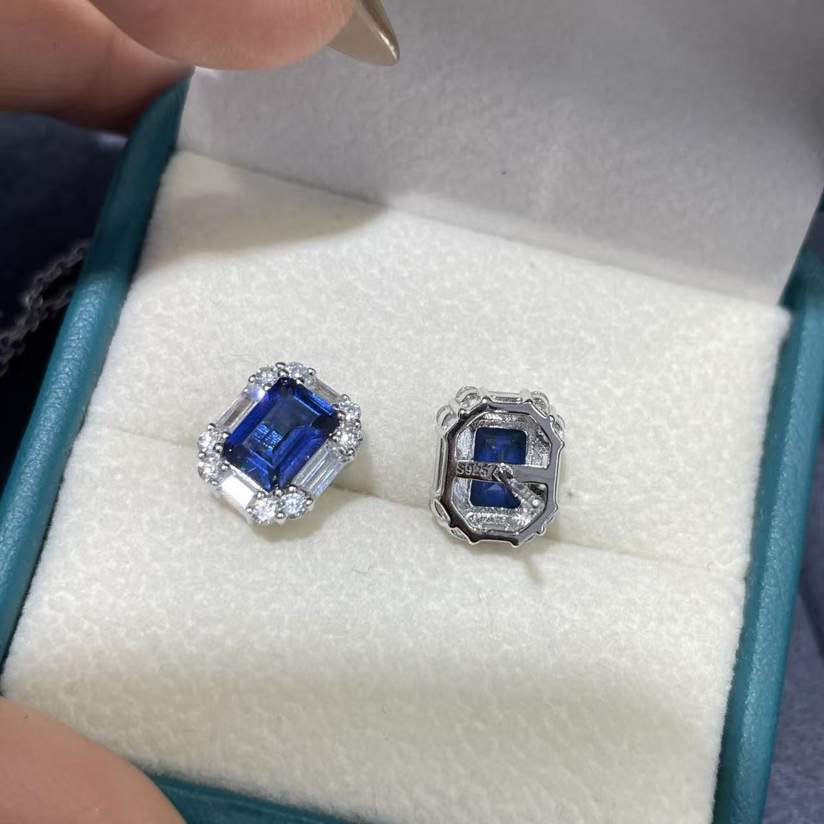 Blue Rectangular Sapphire Pendant Necklace with Halo Chain product image
