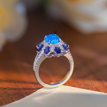 Blue Opal Halo Ring for Women, S925 Silver, 18K Gold Plated Sapphire Accent Ring