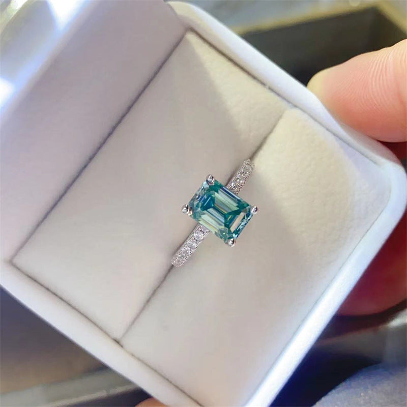 Green Emerald Cut Moissanite Ring for Women, Geometric U-Shape Pavé Band Promise Engagement Ring product image
