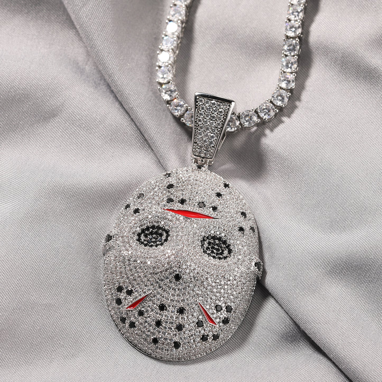 Silver Plated Mask Pendant Necklace with Cubic Zirconia, 24 Inch Twist Chain Statement Jewelry