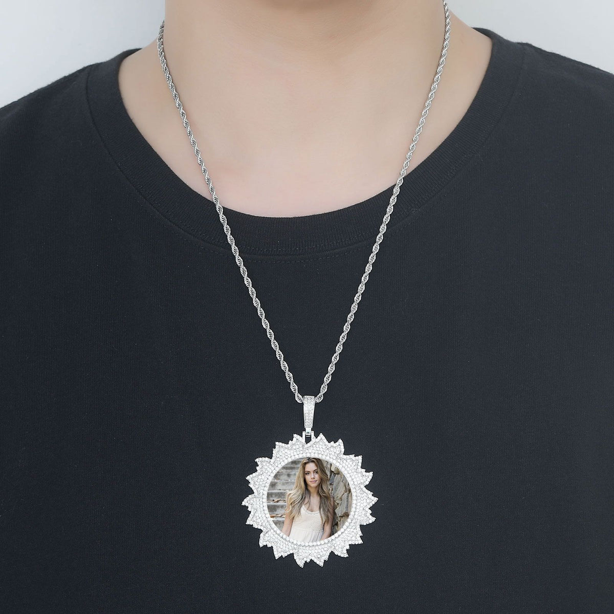 Hip Hop Floral Round Photo Copper Pendant Necklace for Men and Women product image