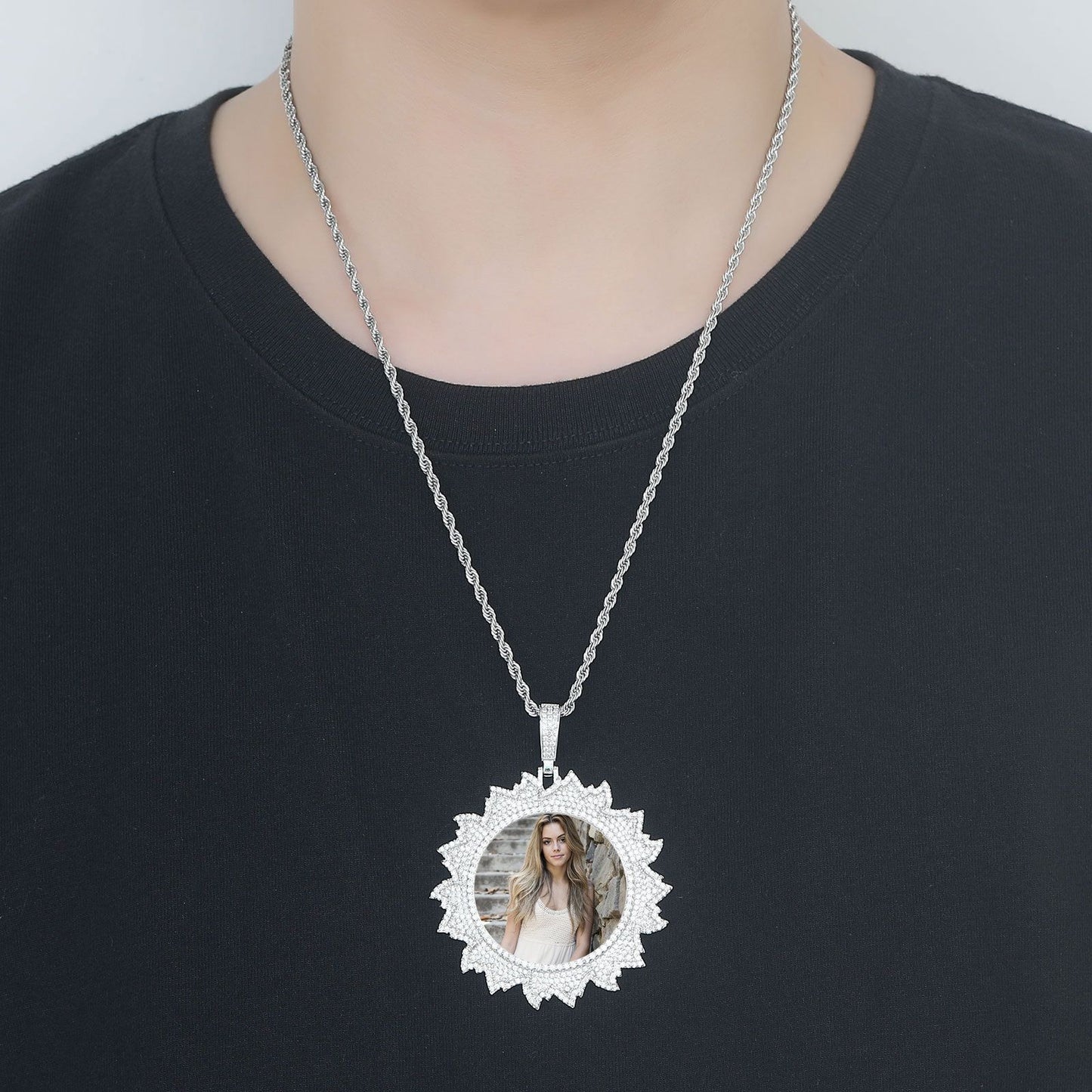Hip Hop Floral Round Photo Copper Pendant Necklace for Men and Women