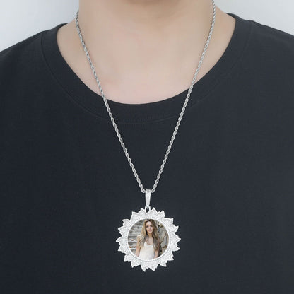 Hip Hop Floral Round Photo Copper Pendant Necklace for Men and Women
