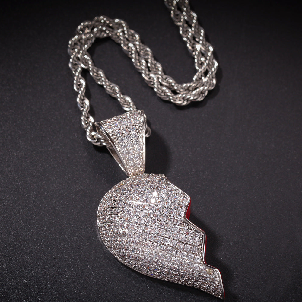 Iced Broken Heart Pendant Necklace Set for Couples – Cubic Zirconia Hip Hop Chain in Gold, Silver & Two-Tone